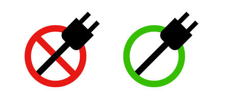 Permission to charge. Charging prohibited, charging allowed. Silhouette icon of stop sign and outlet, circle and outlet. Vector.のイラスト素材