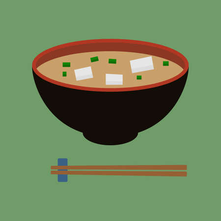 Miso soup and chopsticks icon set isolated on Japanese style background. Japanese food. Vector.のイラスト素材