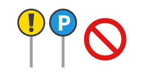 Caution and parking sign pole, stop sign icon set. Vector.のイラスト素材