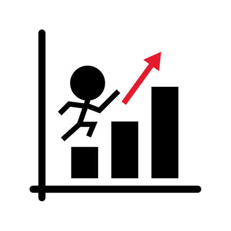 Pictogram of the person who ascends the ascending arrow and the bar graph. Vector.のイラスト素材