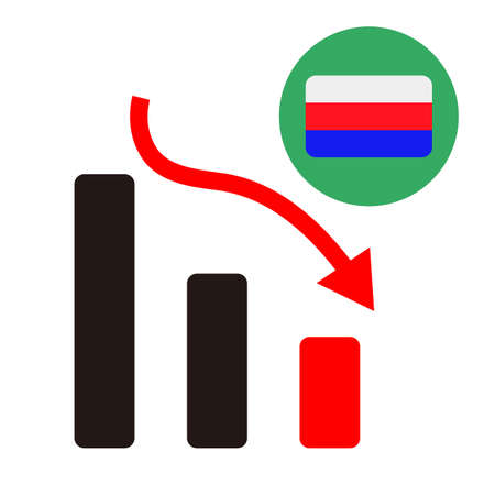 Russia's Economic Decline. Russian flag and decreasing bar. Editable vector.のイラスト素材
