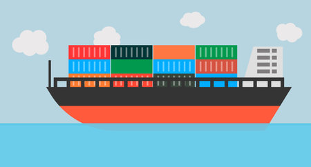 Sea, sky and cargo ship background. Container ship. Editable vector.