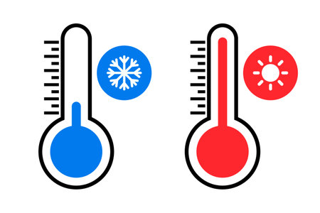 Hot and cold thermometer icon set. Summer and winter thermometers. Sun and snowflake. Editable vector.のイラスト素材