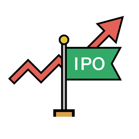 IPO flag and increase arrow icon. Initial Public Offering Stock. Editable vector.のイラスト素材