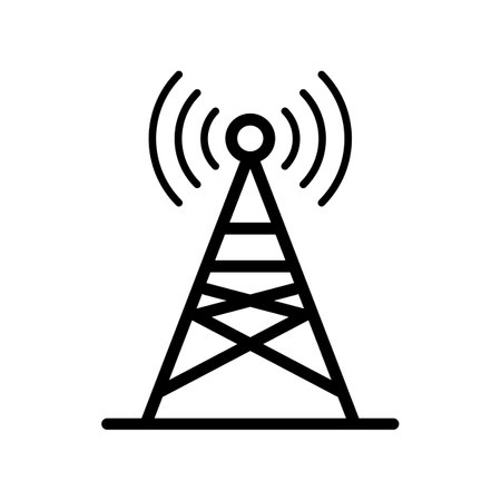 Broadcast relay station and base station. Radio tower icon. Editable vector.のイラスト素材