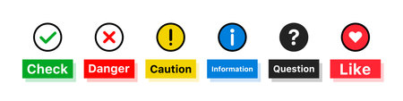 Check and Danger and Caution and Information and Question and Like icon set. Editable vector.