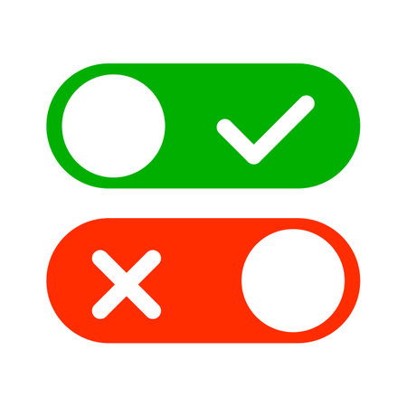 Power on slider switch with check mark and power off slider switch with cross mark icon set. Editable vector.のイラスト素材