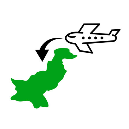 Pakistan travel icon. Airplane arriving in Pakistan. Editable vector.のイラスト素材