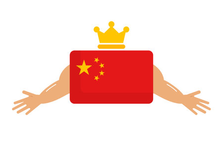 Chinese hegemony. China wearing a crown and spreading hands wide to show off its confidence. Editable vector.のイラスト素材
