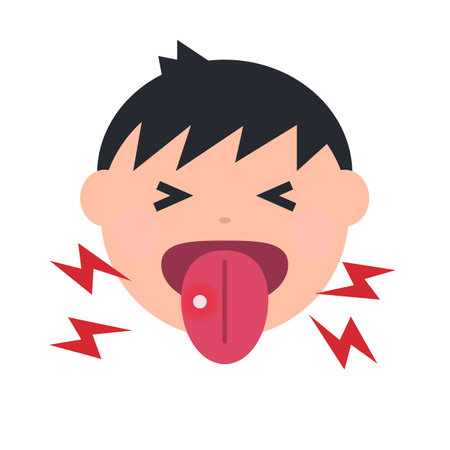 Boy with canker sore. Editable vector.のイラスト素材