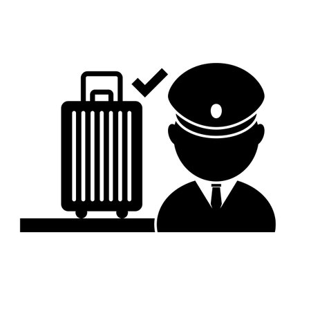Customs officer checking suitcase baggage silhouette. Editable vector.のイラスト素材