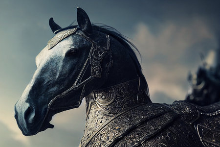 Horse in the armor of a medieval knight against the sky.の素材