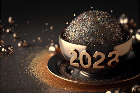 New Year's Eve 2022 concept.  Golden numbers 2022 in a cup of coffeeの素材