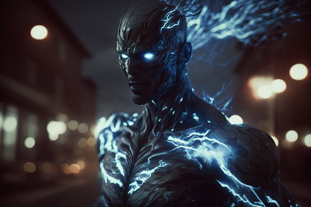 Cyborg man in futuristic city at night. 3D Renderingの素材