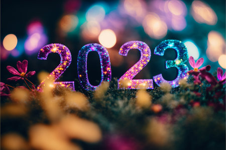 New year background with numbers 2023 on moss with bokeh lightsの素材