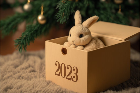 Happy New Year 2013. Cute bunny sitting in a gift box.の素材