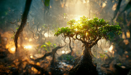 Bonsai tree in the forest at sunset. Selective focus.の素材