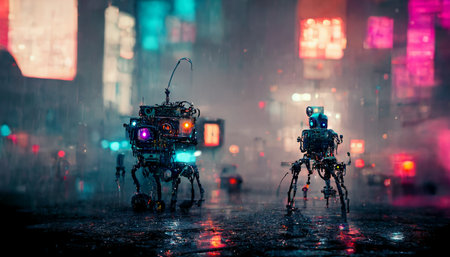 Futuristic robot in the city at night. 3d rendering.の素材