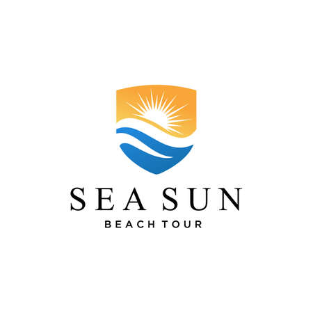 Illustration of shield sign with beautiful waves and morning sun logo designのイラスト素材