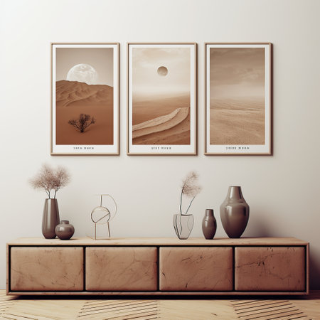 Stylish and design home interior of living room with bohemian posterの素材