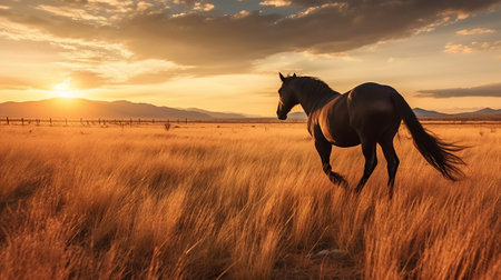 Animal photography horse with natural background in the sunset view, AI generated imageの素材