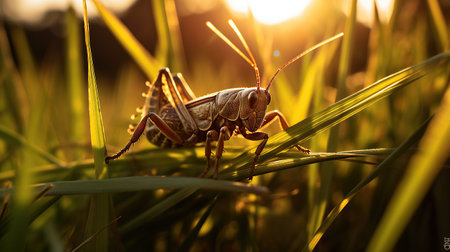 Animal wildlife photography grasshopper with natural background in the sunset view, AI generated imageの素材
