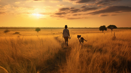 Animal wildlife photography dog with person natural background in the sunset view, AI generated imageの素材