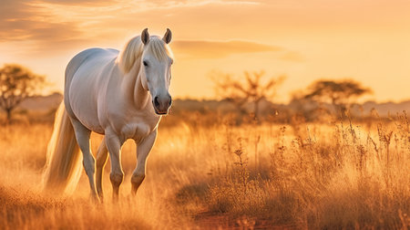 Animal photography horse with natural background in the sunset view, AI generated imageの素材