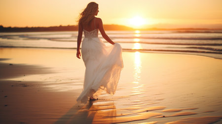 Beautiful bride on sunset beach view. AI generatedの素材