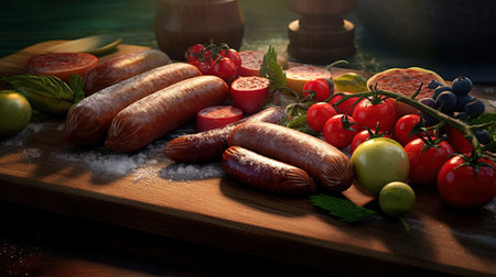 Hot Sausage food isolated on dark background. AI generated imageの素材