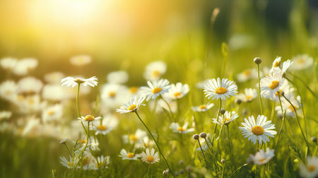 Chamomile flower with sunset nature background AI generated imageの素材