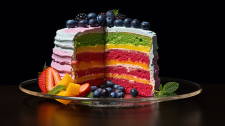 Delicious rainbow cake on black background. AI generated imageの素材