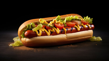 Hotdog Isolated on black Background. AI generatedの素材