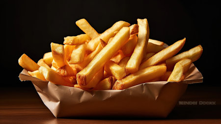French fries potato on wooden plate. AI generated imageの素材