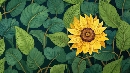 Yellow sunflower with green leaf nature AI generated imageの素材