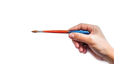 Hand holding paintbrush isolated white background. AI generated imageの素材