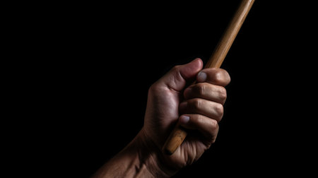 Hand holding drumstick isolated black background. AI generated imageの素材