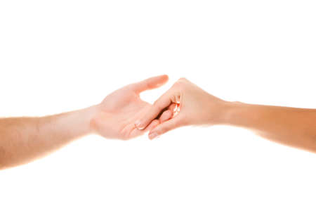 Male and female hands holding on white backgroundの写真素材
