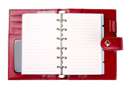 Open blank red leather plannerの写真素材
