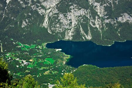 Aerial view lake Bohinj Sloveniaの写真素材