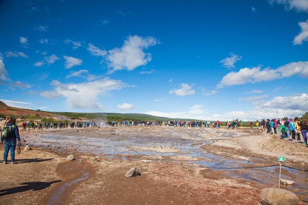 Stokkur, Iceland - July 20, 2015: Eruption, Geysir Stokkur, amazing location in the Golden Circle near Reykjavik. Erupting copiously and frequently: as often as every 4 to 8 minutes. Its also one of the countrys highest geysers.のeditorial素材