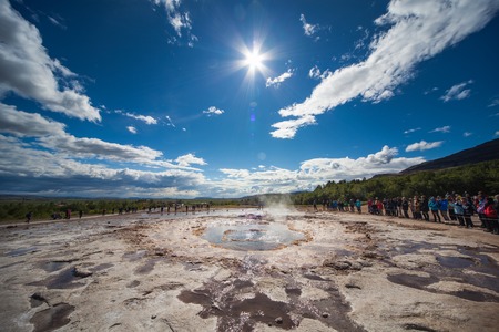 Stokkur, Iceland - July 20, 2015: Eruption, Geysir Stokkur, amazing location in the Golden Circle near Reykjavik. Erupting copiously and frequently: as often as every 4 to 8 minutes. Its also one of the countrys highest geysers.のeditorial素材