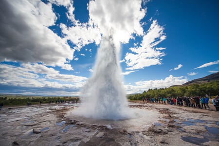 Stokkur, Iceland - July 20, 2015: Eruption, Geysir Stokkur, amazing location in the Golden Circle near Reykjavik. Erupting copiously and frequently: as often as every 4 to 8 minutes. Its also one of the countrys highest geysers.のeditorial素材