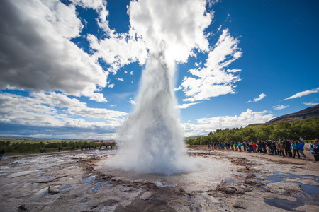 Stokkur, Iceland - July 20, 2015: Eruption, Geysir Stokkur, amazing location in the Golden Circle near Reykjavik. Erupting copiously and frequently: as often as every 4 to 8 minutes. Its also one of the countrys highest geysers.のeditorial素材