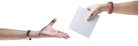 Hands holding, delivering blank piece of paperの写真素材
