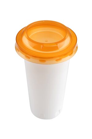 Blank plastic coffee package cup isolated on whiteの写真素材