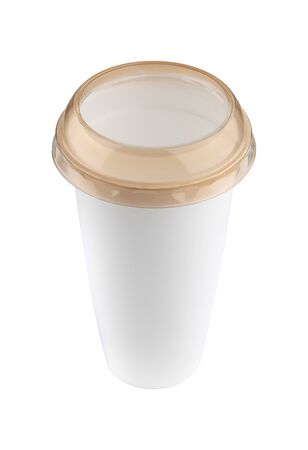Blank plastic coffee package cup isolated on whiteの写真素材