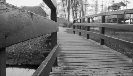 wooden bridge in black and whiteの写真素材