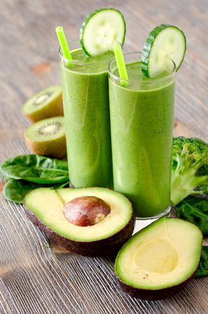 Healthy drink with ingredients on wooden backgroundの写真素材