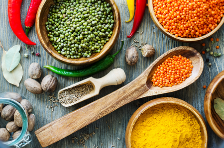 Lentils and moong beans with spices for healthy cookingの写真素材